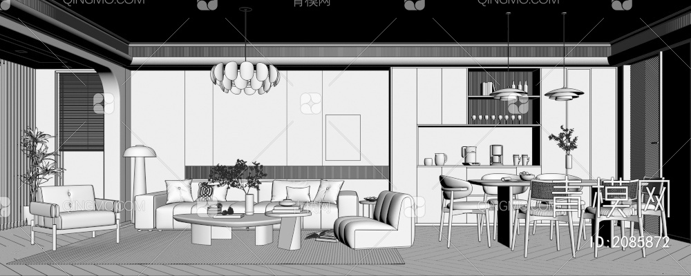 客餐厅 沙发 餐桌椅 吊灯 落地灯 单椅 酒柜3D模型下载【ID:2085872】