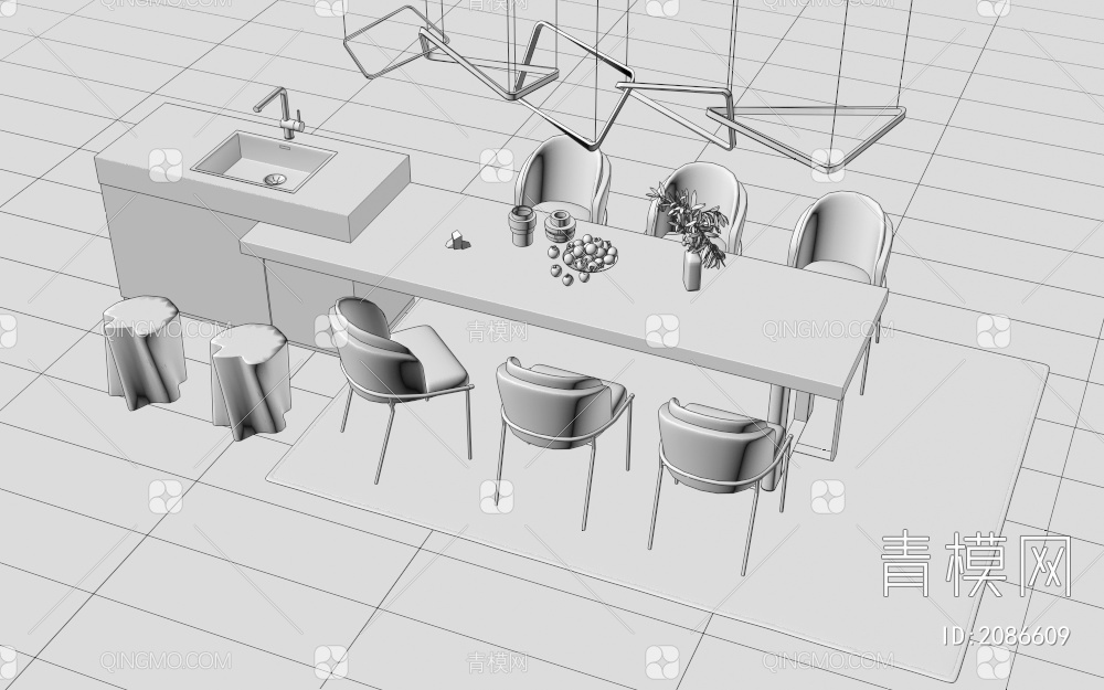 吧台吧椅组合 吧台  吧椅  餐厅吊吊顶  水槽  绿植 水果3D模型下载【ID:2086609】