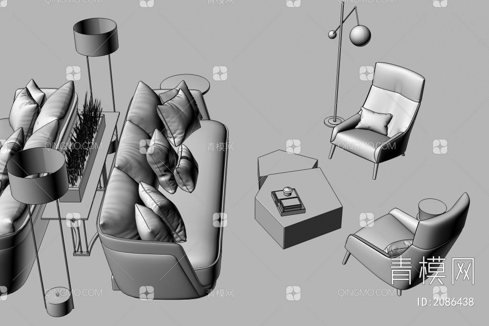 沙发茶几组合  地毯  落地灯3D模型下载【ID:2086438】