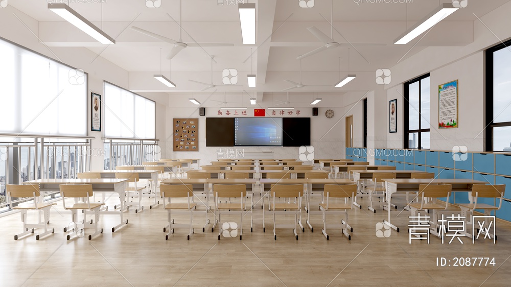 教室 学校 教桌椅组合 中小学教室 课桌 讲台 智慧教室3D模型下载【ID:2087774】