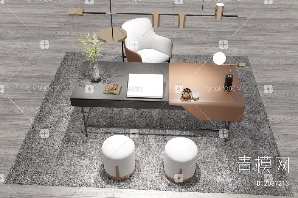 书桌 桌椅组合  吊灯 地毯 绿植3D模型下载【ID:2087213】