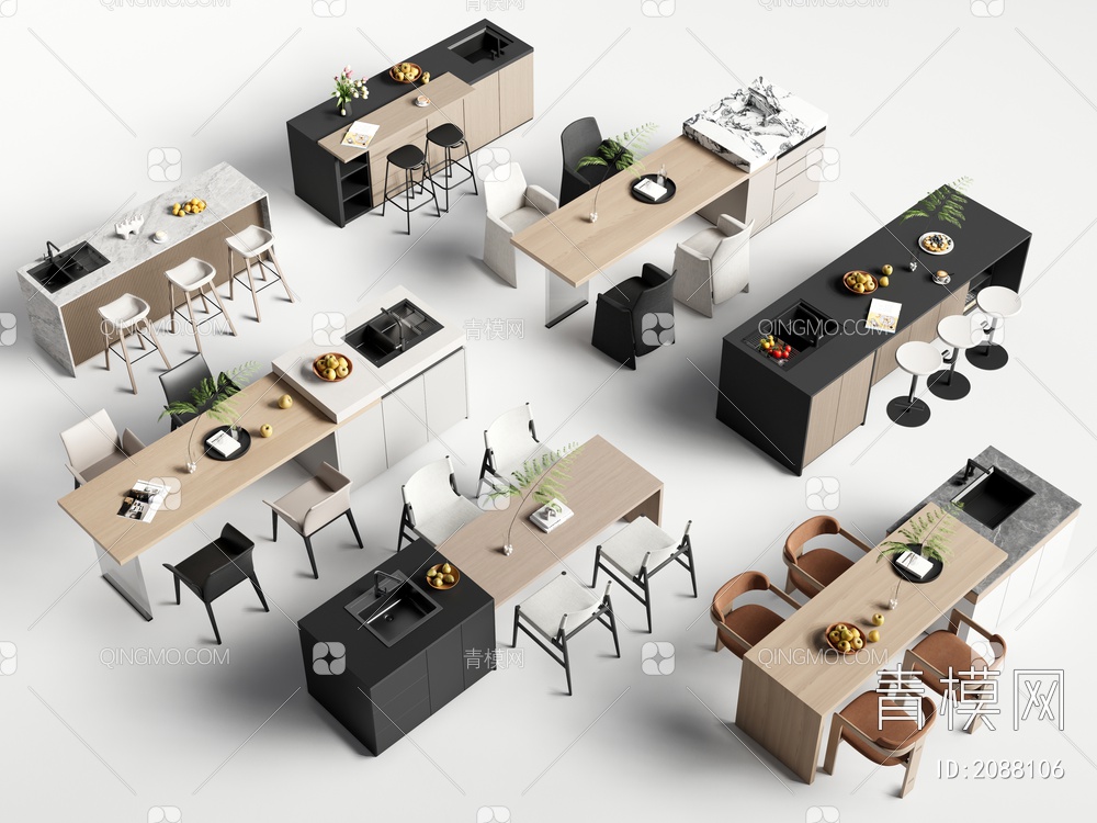 餐岛台 家居吧台 中岛台 吧台吧椅组合 餐桌椅3D模型下载【ID:2088106】