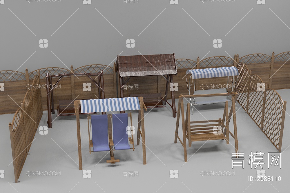 木栅栏 木制摇椅 户外摇椅3D模型下载【ID:2088110】