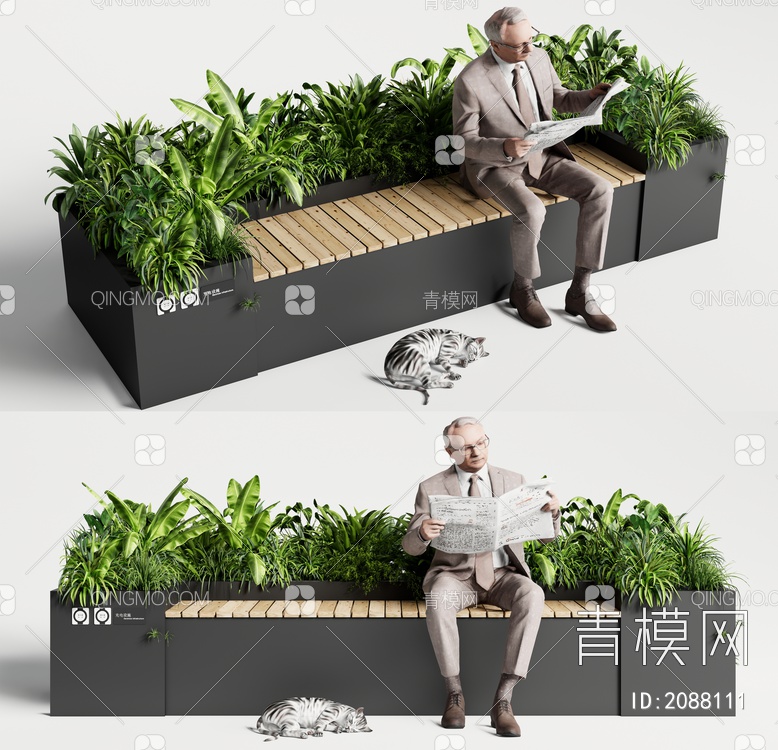 景观座椅 户外公共椅 植物 花箱3D模型下载【ID:2088111】