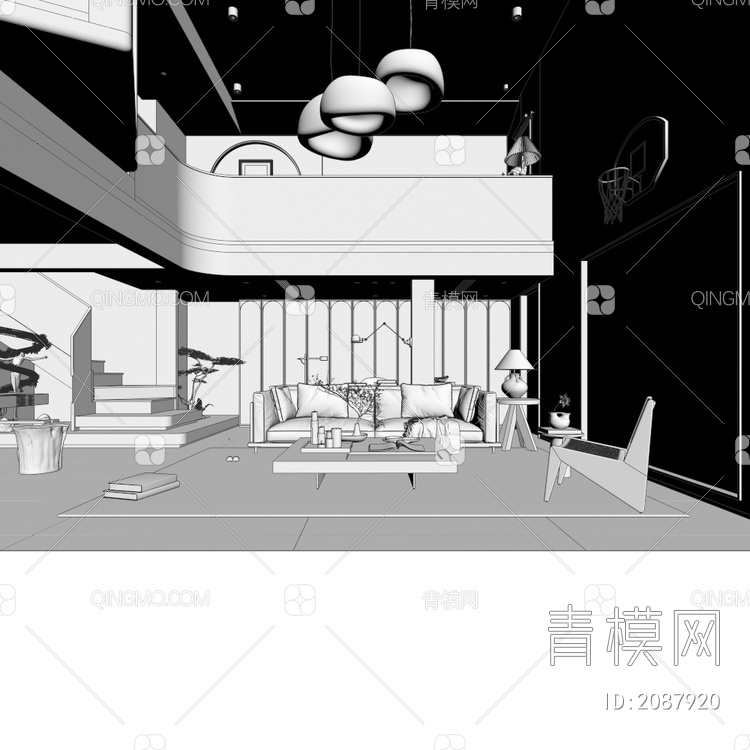 挑空家居客厅 书房 茶室3D模型下载【ID:2087920】