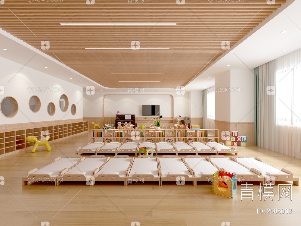 幼儿园教室 活动室 午休区 午休床 教桌椅 幼儿园 钢琴 储藏柜3D模型下载【ID:2088003】