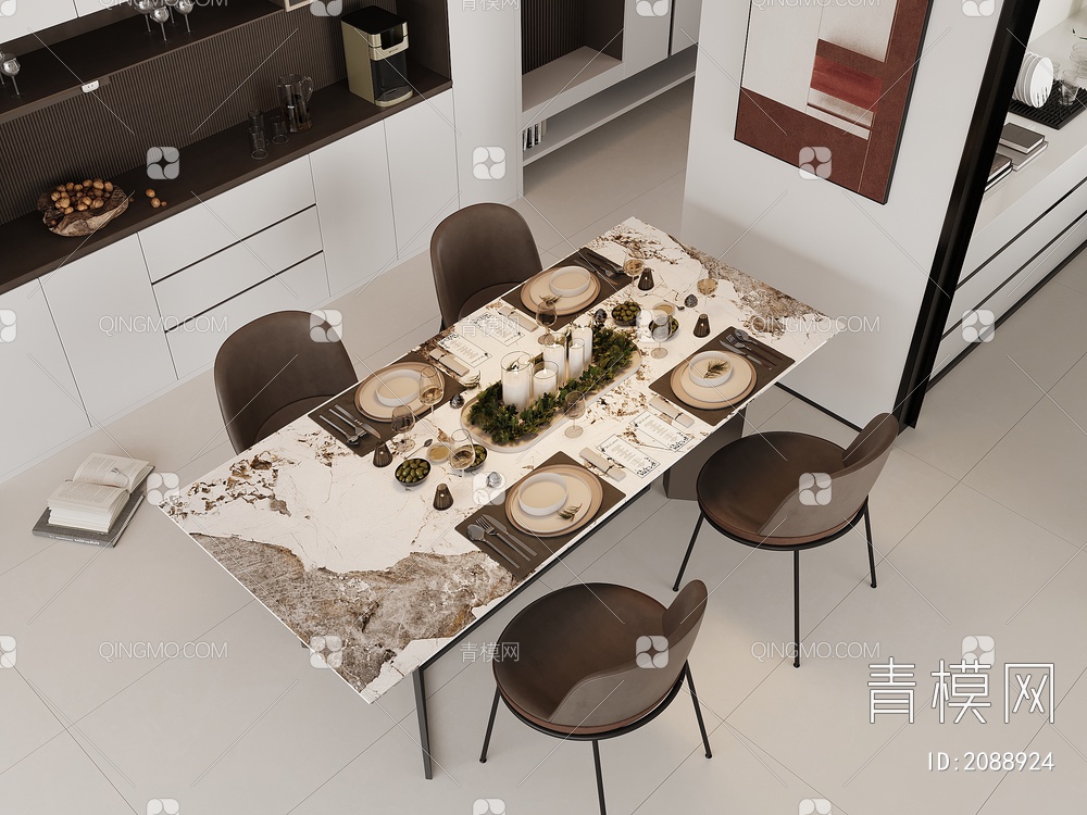 餐厅 餐边柜 餐桌椅 酒柜  餐桌3D模型下载【ID:2088924】