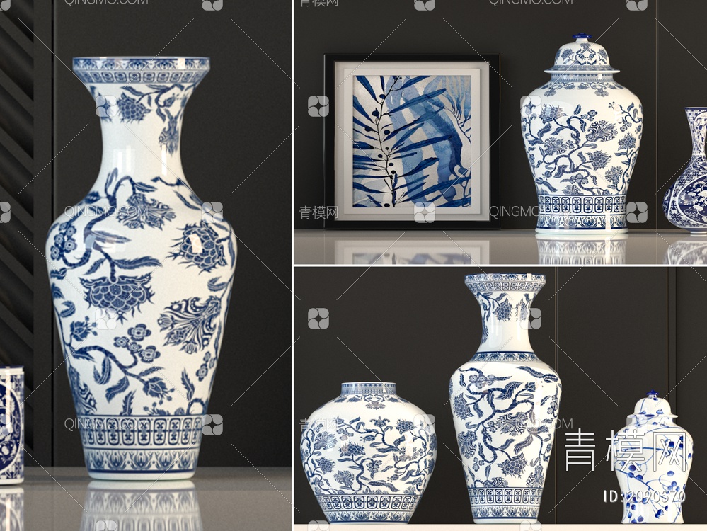青花瓷，花瓶，装饰摆件组合3D模型下载【ID:2090570】