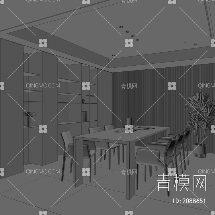 餐厅 暗黑餐厅 餐厅 餐桌椅 玻璃柜 酒柜 吊灯 书柜3D模型下载【ID:2088651】