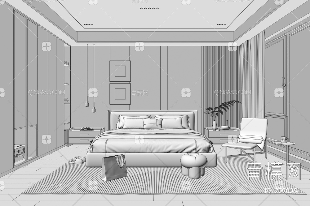 黑白灰卧室 床3D模型下载【ID:2090061】