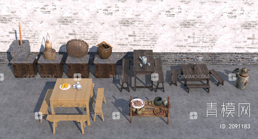 户外桌椅组合_长条椅3D模型下载【ID:2091183】