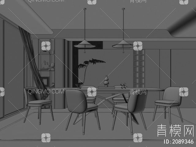 餐厅，餐桌椅组合3D模型下载【ID:2089346】