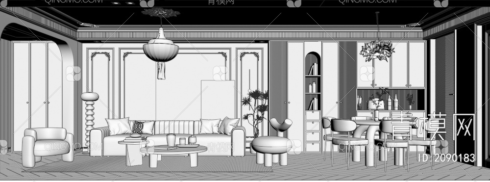 客餐厅 沙发 餐桌椅 吊灯 挂画 壁灯 休闲椅3D模型下载【ID:2090183】