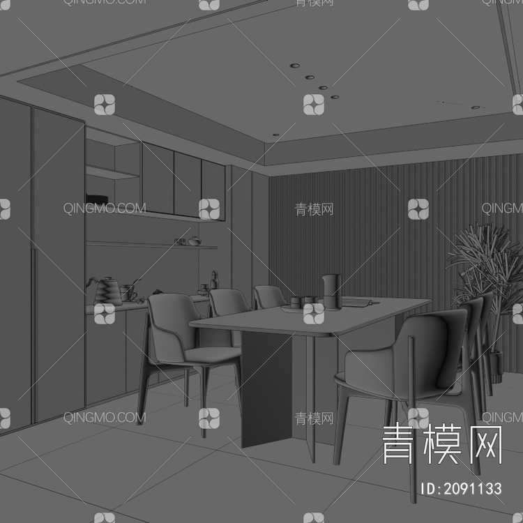 餐厅 暗黑餐厅 餐厅 餐桌椅 玻璃柜 酒柜 吊灯 书柜3D模型下载【ID:2091133】
