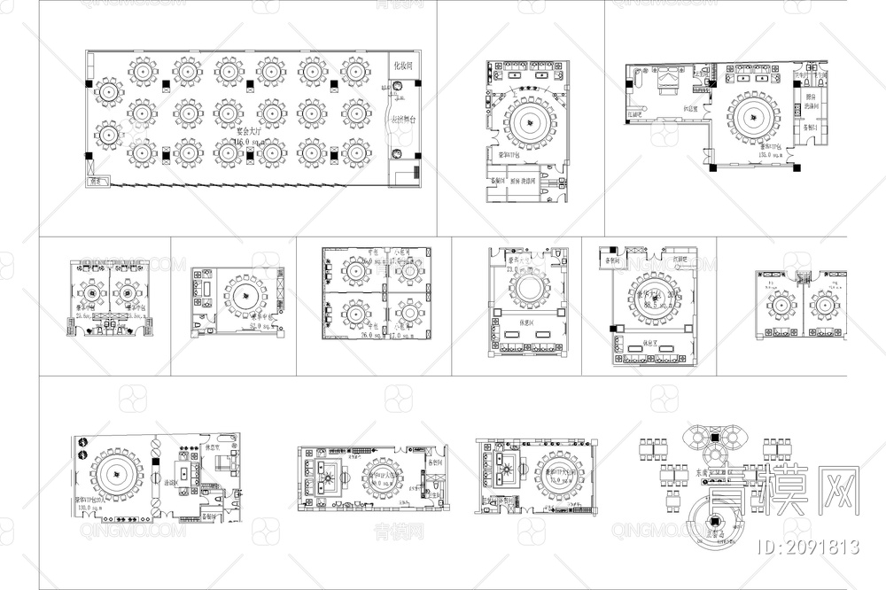 工装空间设计CAD模块办公餐饮酒店套房包间后厨平面布置图纸【ID:2091813】