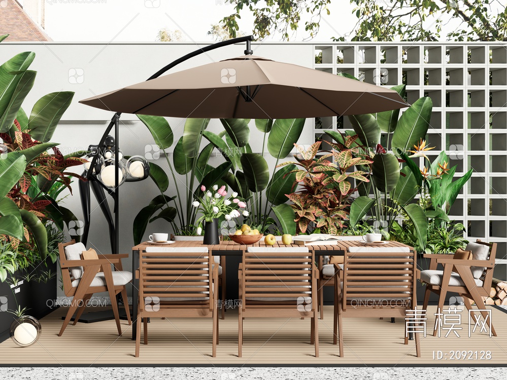 户外桌椅组合 庭院休闲桌椅 植物组合 遮阳伞3D模型下载【ID:2092128】