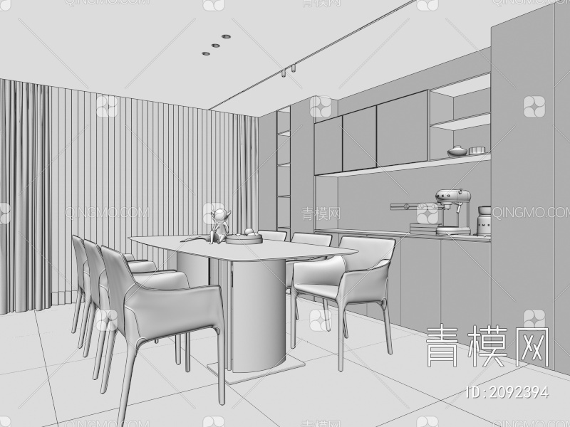 餐厅 暗黑餐厅 餐厅 餐桌椅 玻璃柜 酒柜 吊灯 书柜3D模型下载【ID:2092394】