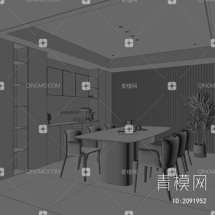 餐厅 暗黑餐厅 餐厅 餐桌椅 玻璃柜 酒柜 吊灯 书柜3D模型下载【ID:2091952】