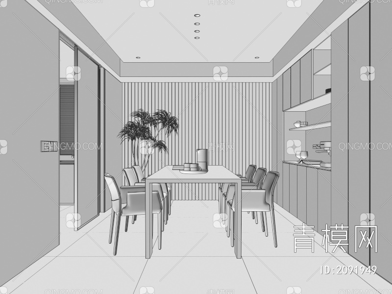 餐厅 暗黑餐厅 餐厅 餐桌椅 玻璃柜 酒柜 吊灯 书柜3D模型下载【ID:2091949】