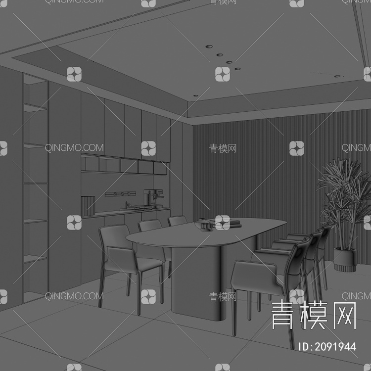 餐厅 暗黑餐厅 餐厅 餐桌椅 玻璃柜 酒柜 吊灯 书柜3D模型下载【ID:2091944】