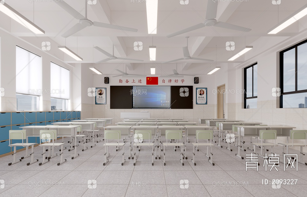 教室 学校 教桌椅组合 中小学教室 课桌 讲台 智慧教室3D模型下载【ID:2093227】