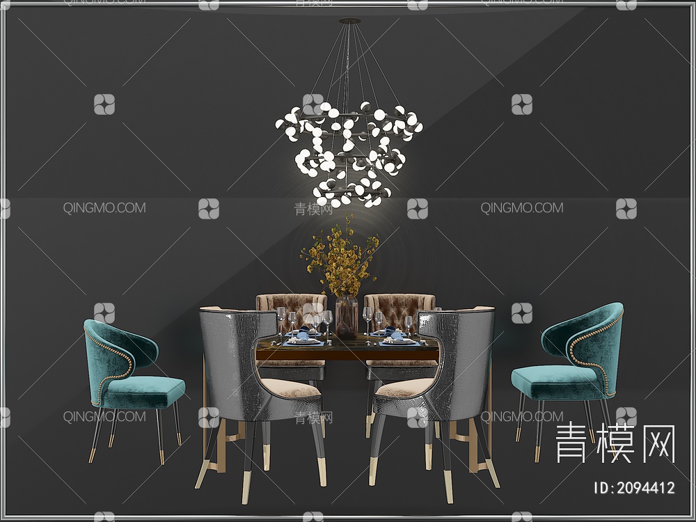 家具 餐桌餐椅摆件 餐厅灯具组合3D模型下载【ID:2094412】