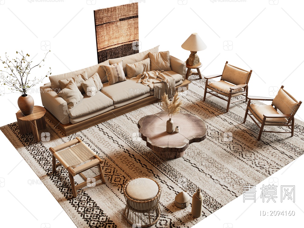 沙发茶几组合 三人沙发 双人沙发 木质沙发 木质茶几 休闲椅3D模型下载【ID:2094160】