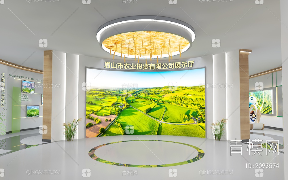 农业展厅 弧形LED拼接大屏 展示台 农具 发展历程墙3D模型下载【ID:2093574】