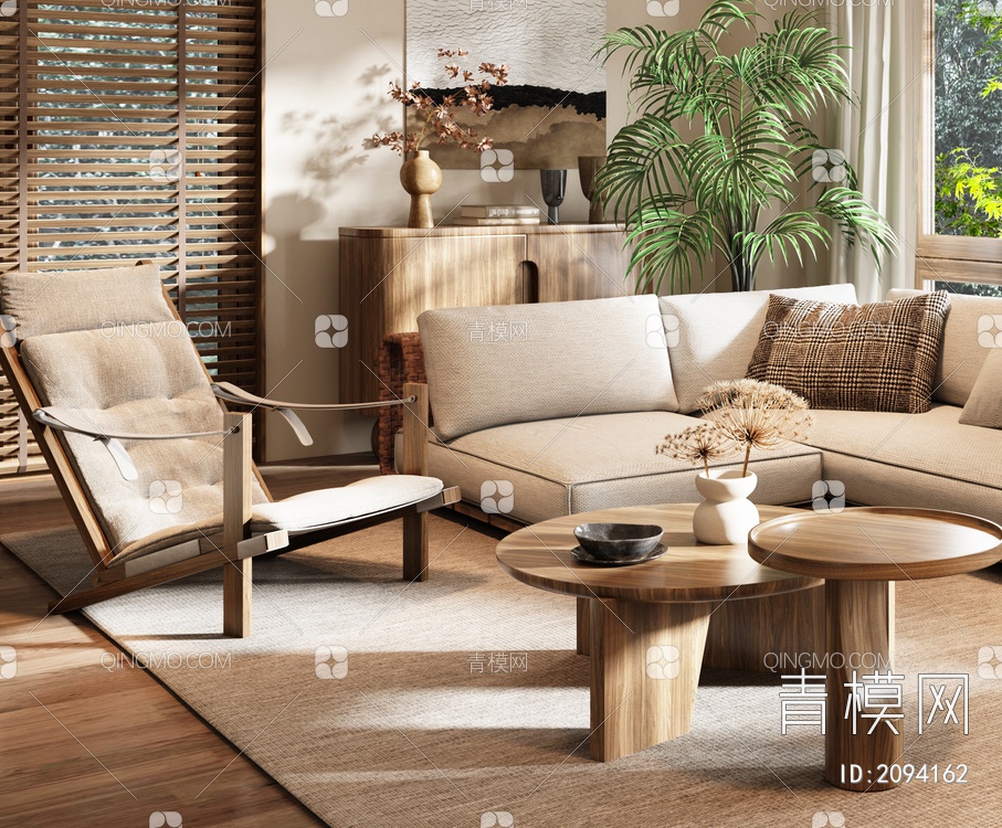 别墅客厅 大平层 沙发茶几组合 木沙发 三人沙发 休闲椅 吊灯3D模型下载【ID:2094162】