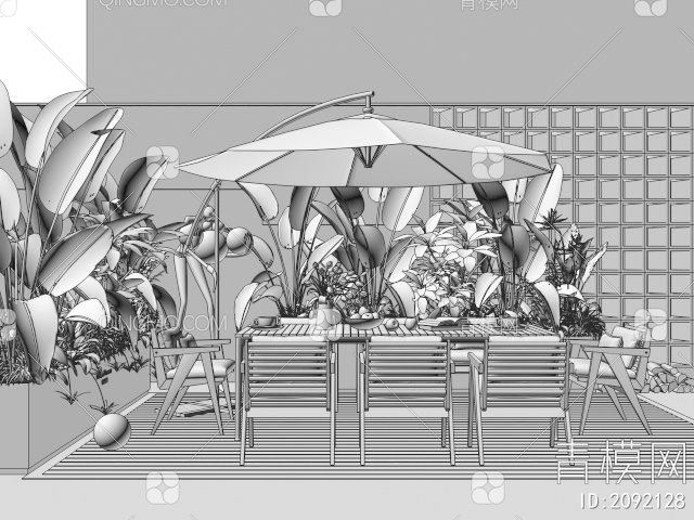 户外桌椅组合 庭院休闲桌椅 植物组合 遮阳伞3D模型下载【ID:2092128】