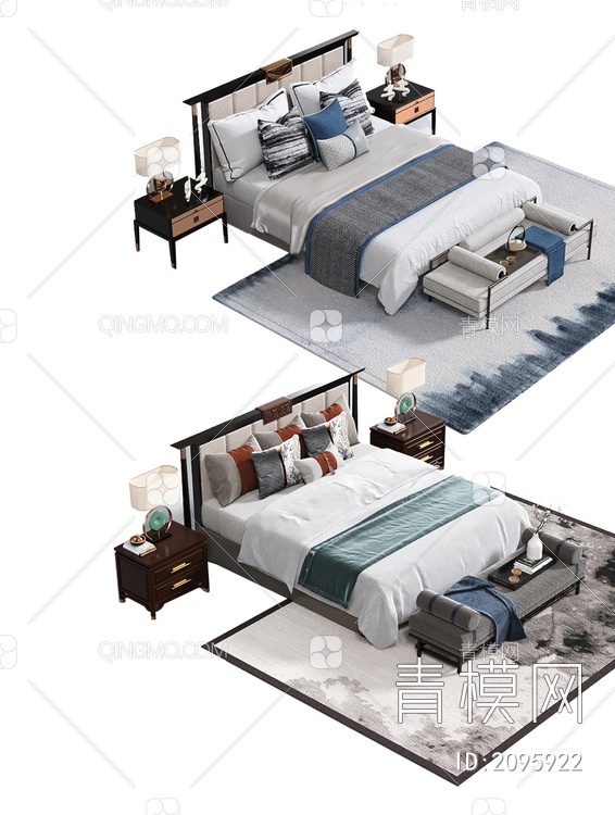 双人床 床头柜3D模型下载【ID:2095922】