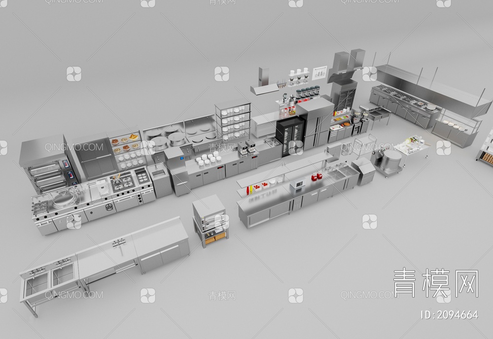 现场小吃店设备 餐饮后厨设备 食堂后厨 厨房操作台3D模型下载【ID:2094664】