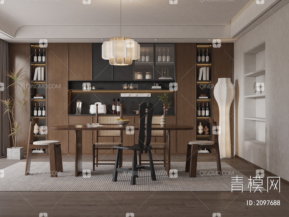 餐厅 餐桌椅 吊灯 酒柜3D模型下载【ID:2097688】