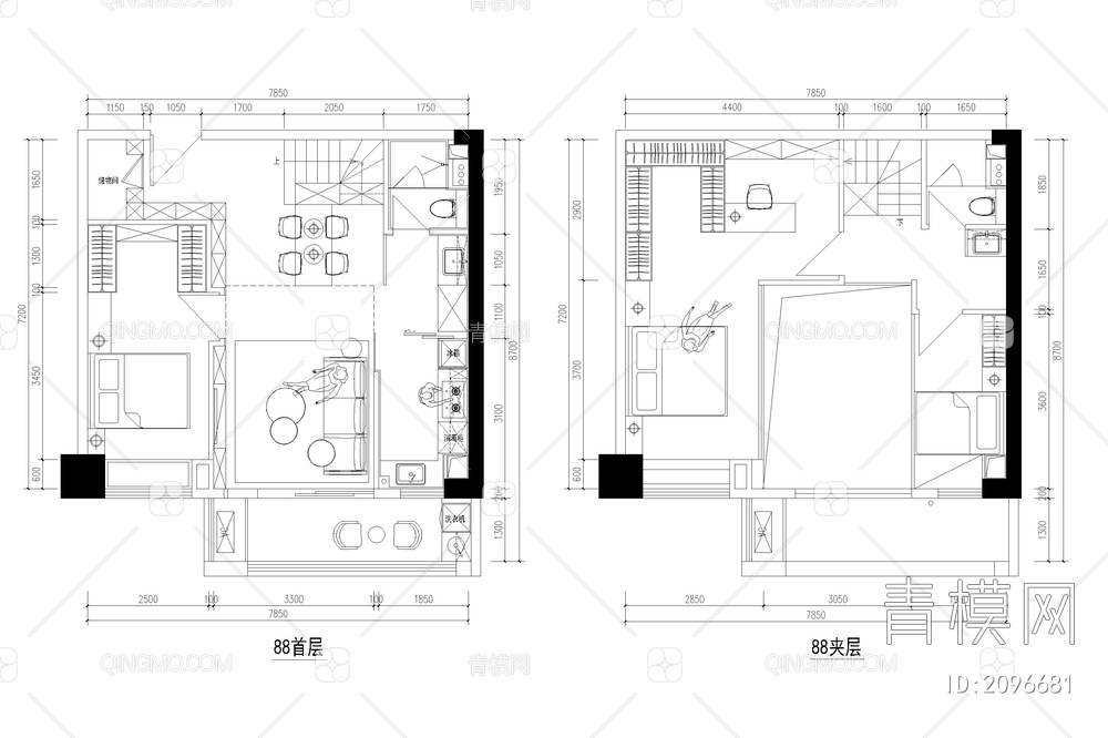 公寓小户型CAD平面布局图标准房型住宅样板间平层复式【ID:2096681】