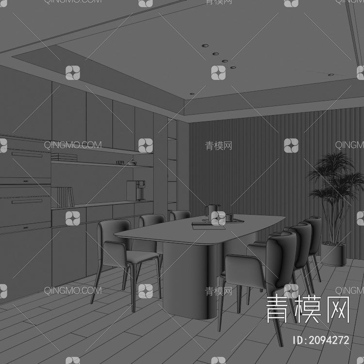 餐厅 餐桌椅 玻璃柜 酒柜 吊灯 书柜3D模型下载【ID:2094272】
