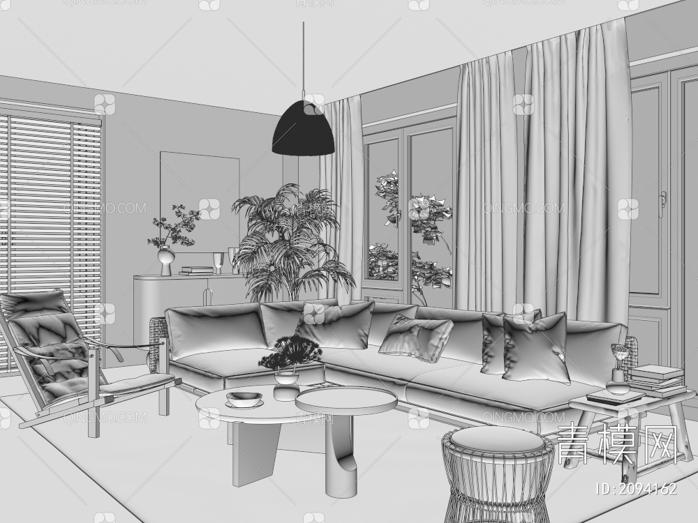 别墅客厅 大平层 沙发茶几组合 木沙发 三人沙发 休闲椅 吊灯3D模型下载【ID:2094162】