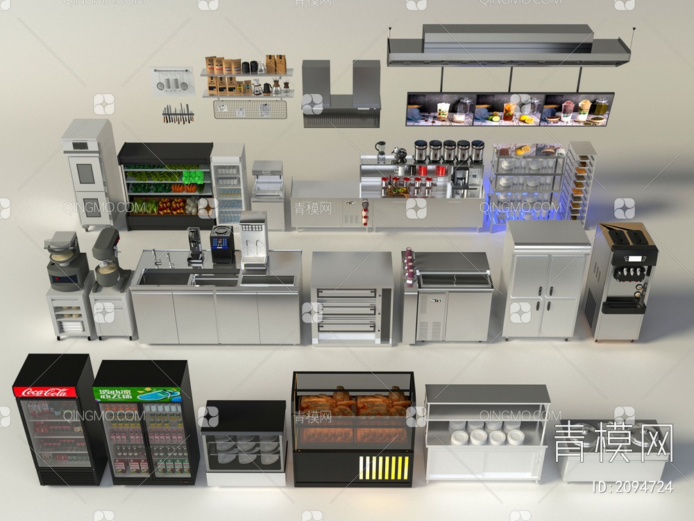 厨房用品组合 烤箱 醒风扇 热风炉奶茶店设备 咖啡店设备 操作台 冷柜 制冰机3D模型下载【ID:2094724】