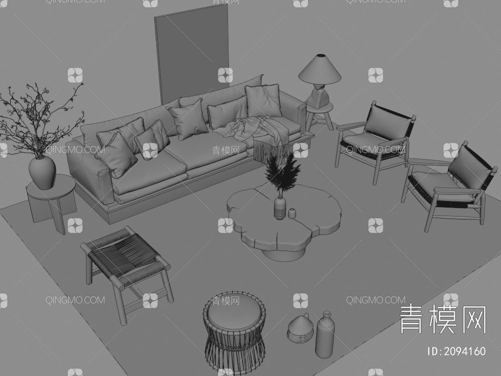 沙发茶几组合 三人沙发 双人沙发 木质沙发 木质茶几 休闲椅3D模型下载【ID:2094160】