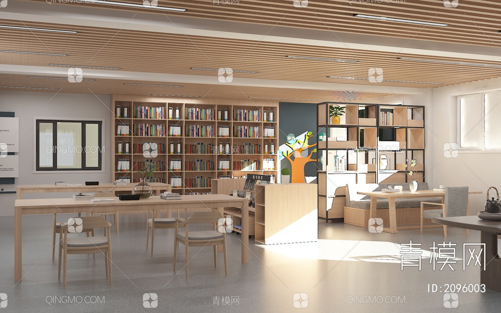 图书馆 书柜 报刊架 木质桌椅组合 图书中岛柜3D模型下载【ID:2096003】