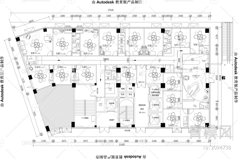 棋牌室会所娱乐休闲空间自助麻将馆室内设计平面布置图CAD施工图【ID:2094738】