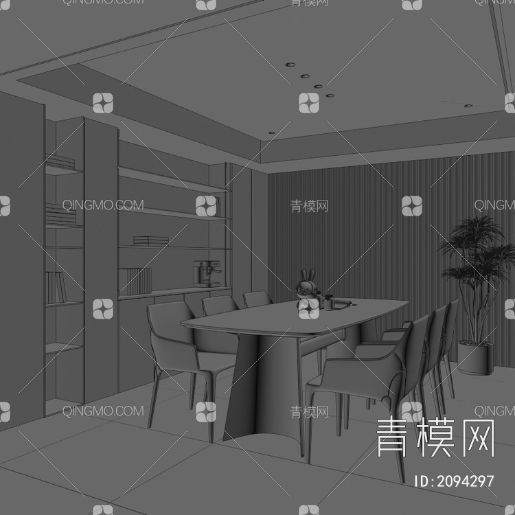 餐厅 暗黑餐厅 餐厅 餐桌椅 玻璃柜 酒柜 吊灯 书柜3D模型下载【ID:2094297】