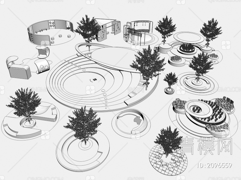 广场景观 下沉广场 花池 景观坐凳3D模型下载【ID:2096559】
