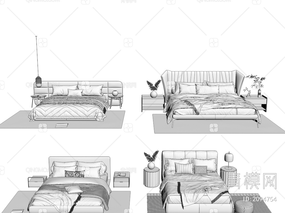 双人床 床头柜3D模型下载【ID:2094754】