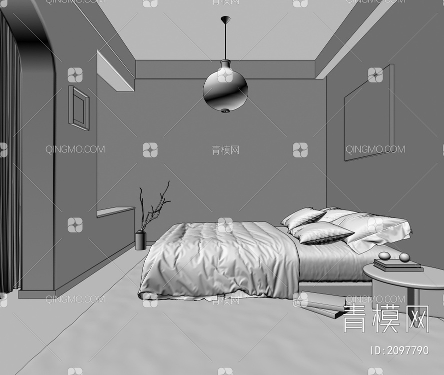 卧室 床 床头柜 挂画 吊灯3D模型下载【ID:2097790】