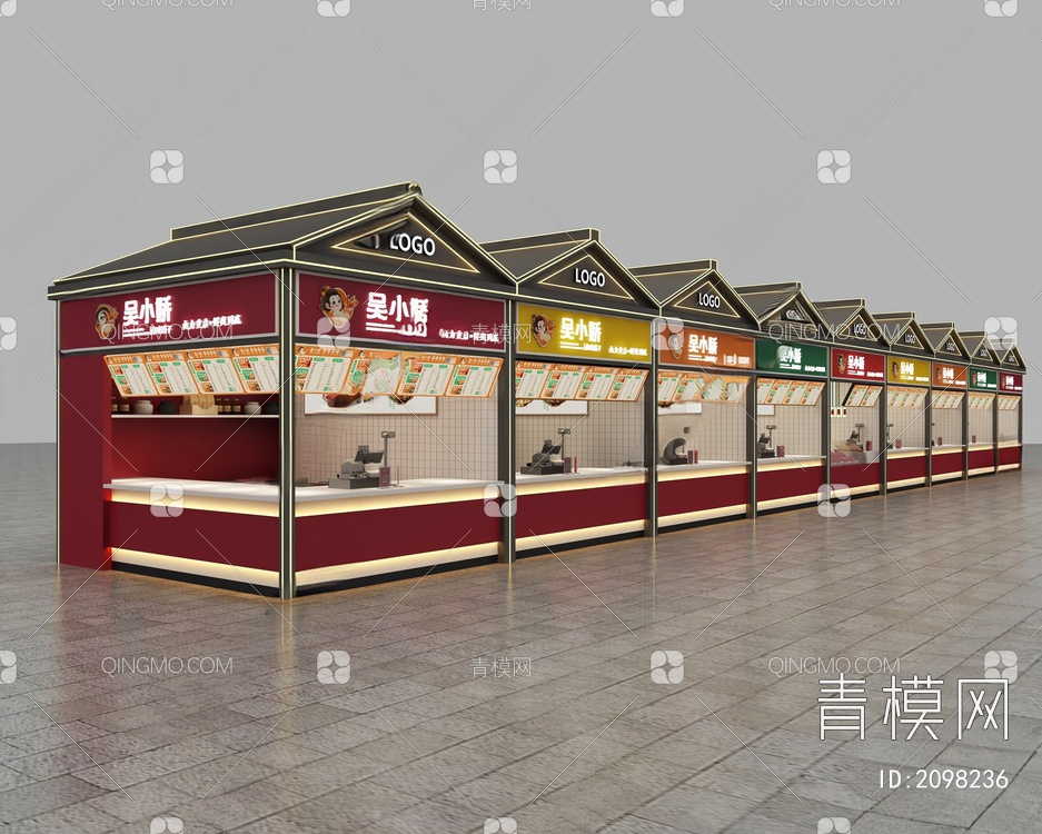 美食城广场 街铺 摊位3D模型下载【ID:2098236】