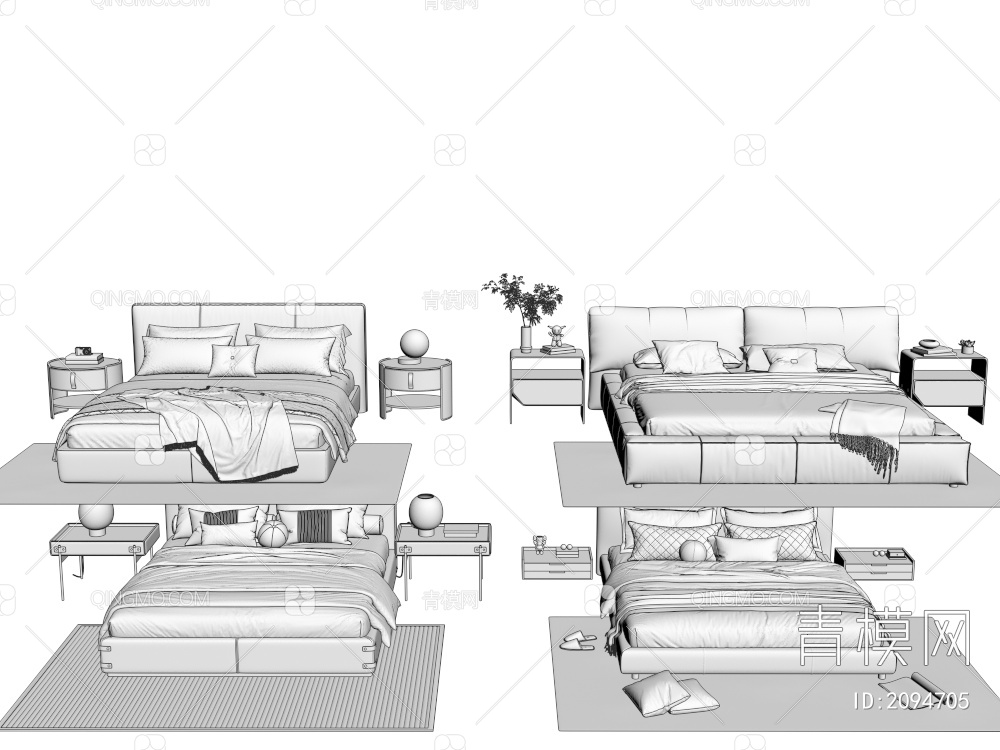双人床 床头柜3D模型下载【ID:2094705】
