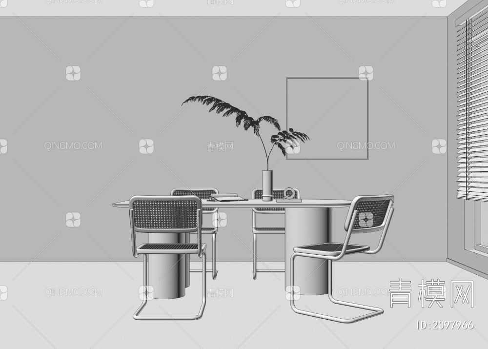 白色餐桌 藤编餐椅3D模型下载【ID:2097966】
