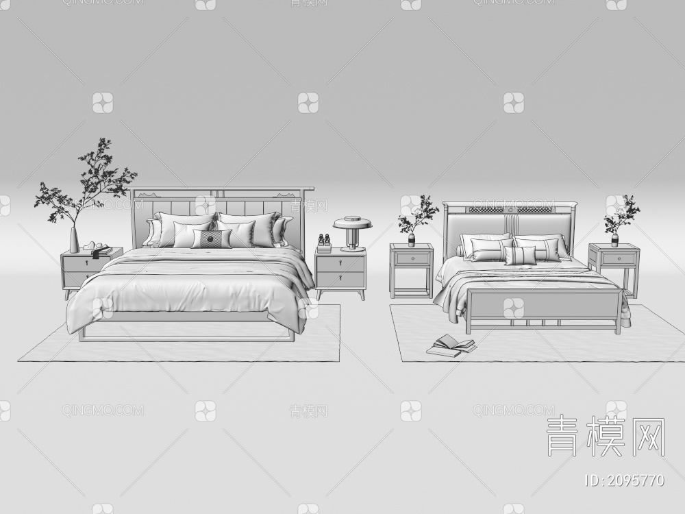 双人床 床头柜3D模型下载【ID:2095770】