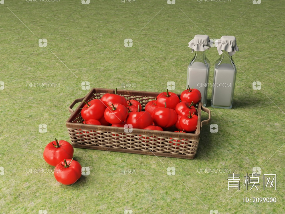 蔬菜 水果 西红柿 牛奶 竹编织筐3D模型下载【ID:2099000】