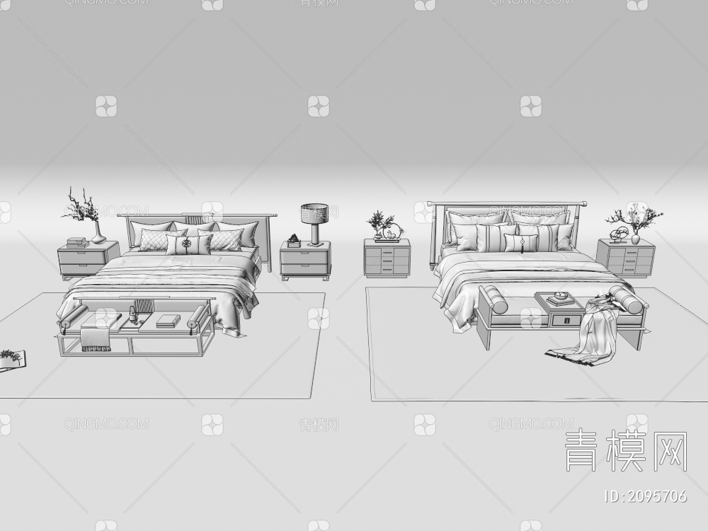双人床 床头柜3D模型下载【ID:2095706】